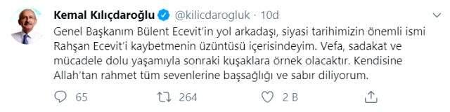 Rahşan Ecevit'in vefatı sonrası siyaset dünyasından taziye mesajları yağdı