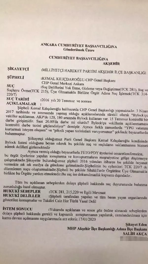 MHP'li Akça'dan Kılıçdaroğlu'na suç duyurusu MHP'li Akça'dan Kılıçdaroğlu'na suç duyurusu