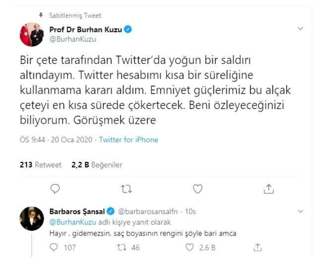 Barbaros Şansal'ın Twitter'ı kullanmama kararı alan Burhan Kuzu'nun paylaşımına yaptığı yorum olay oldu