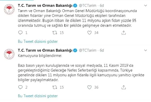 Bakanlık açıkladı: 11 milyon fidanın yüzde 95'i tuttu