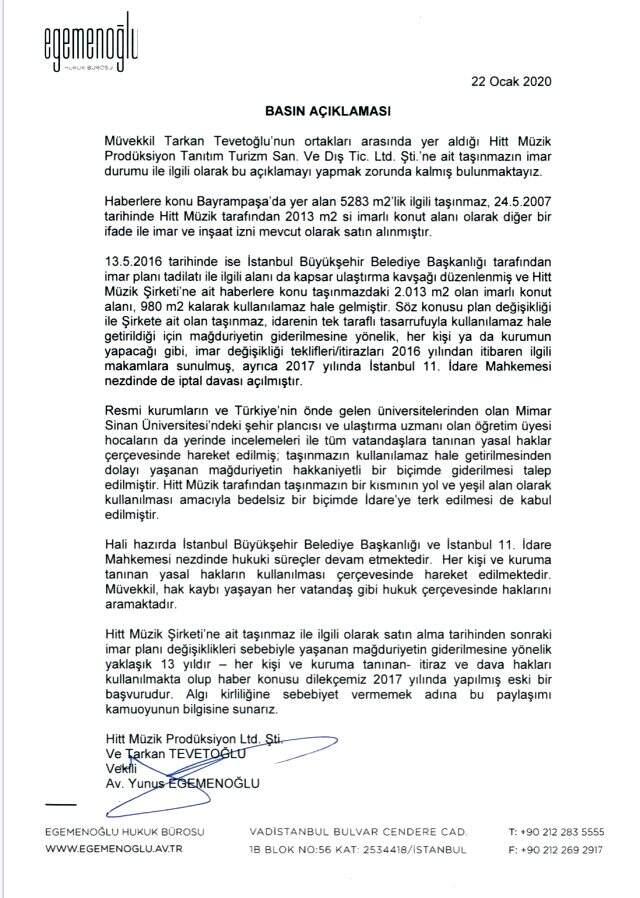Tarkan, 13 yıldır imar izni alamadığı arsaya ilişkin açıklama yaptı