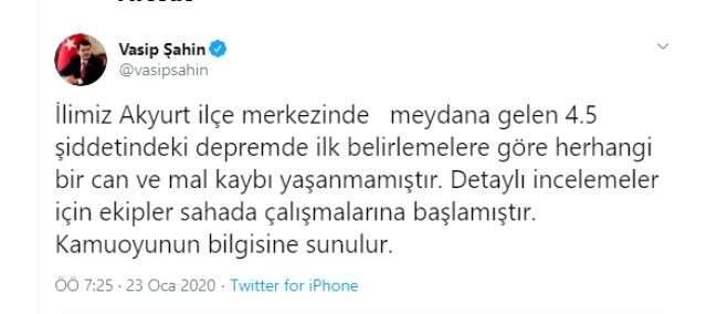 Ankara'nın Akyurt ilçesinde 4.5 büyüklüğünde deprem meydana geldi