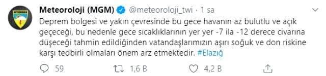 Meteoroloji'den Elazığ'daki deprem sonrası aşırı soğuk ve don uyarısı yapıldı