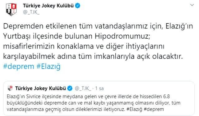 TJK, 6.5'lik depremin ardından Elazığ'daki hipodromu yardıma açtı
