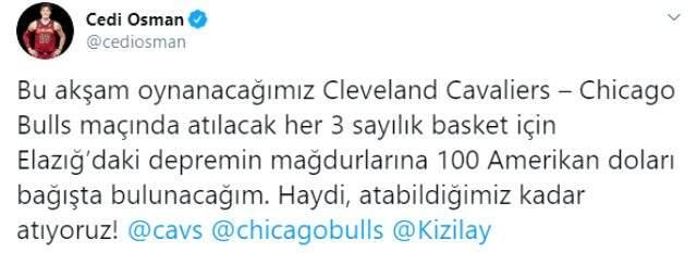 Cedi Osman'ın Elazığ depremi paylaşımı tepki çekti