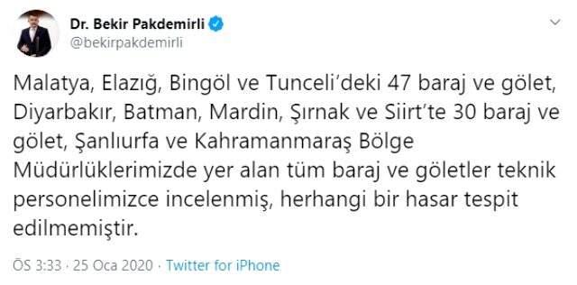 Deprem bölgesindeki baraj ve göletlerde hasar tespit edilmedi