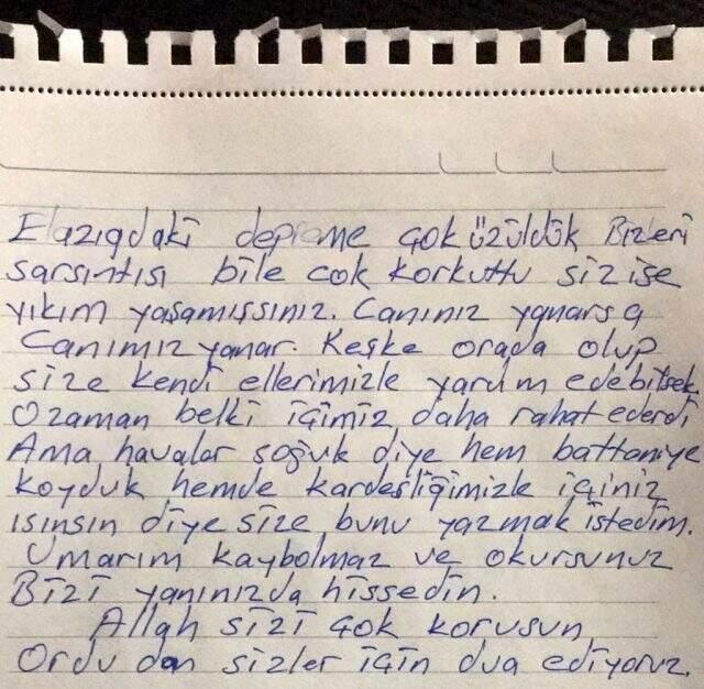Elazığ'a gönderilen bir yardım paketinin içinden çıkan not, okuyanları duygulandırdı