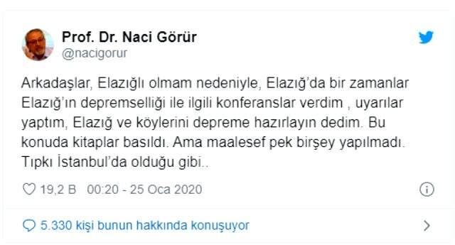 Prof. Dr. Naci Görür, Elazığ'da deprem olacağını 4 ay önce söylemişti