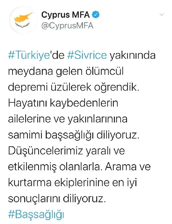 Rum Dışişleri Bakanlığı'ndan depreme dair 'Türkçe' başsağlığı mesajı