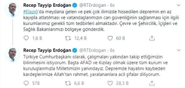 Son Dakika: Deprem sonrası Erdoğan'dan ilk açıklama: 3 bakanımızı bölgeye gönderdik