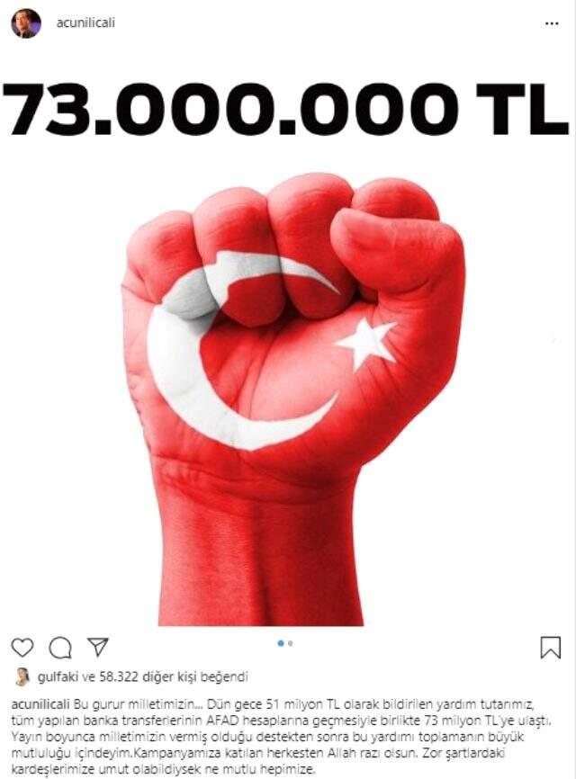 Acun Ilıcalı sosyal medyadan duyurdu: Depremzedeler için toplanan bağış 73 milyon TL'ye ulaştı.