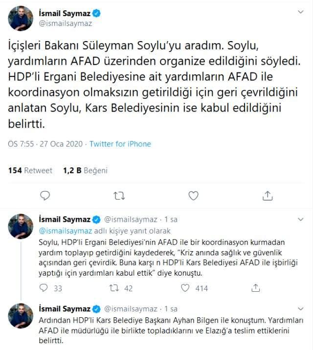 Soylu, HDP'li Ergani Belediyesi'nin yardımlarının neden kabul edilmediğini açıkladı.