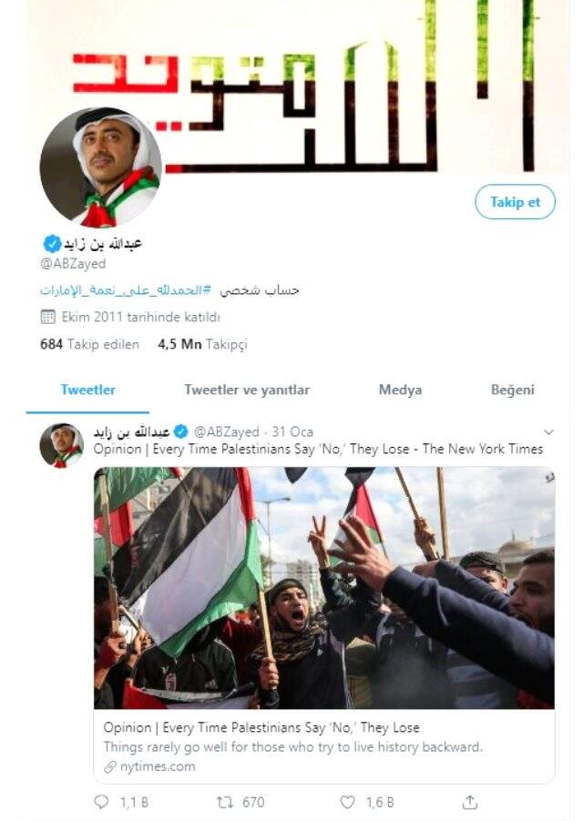 BAE Dışişleri Bakanı bin Zayid'den 'Yüzyılın Anlaşması' planını destekleyici paylaşım!