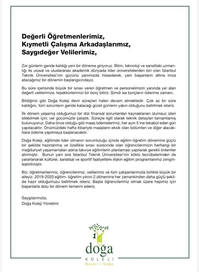 Doğa Koleji'nde maaşlar önümüzdeki hafta yatacak