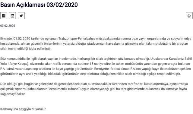 Trabzon Valiliği'nden Fenerbahçe otobüsüne silahlı taciz iddiasına açıklama