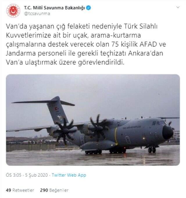 Milli Savunma Bakanlığı'na ait uçak, Van'da yaşanan çığ felaketine destek için yola çıktı.