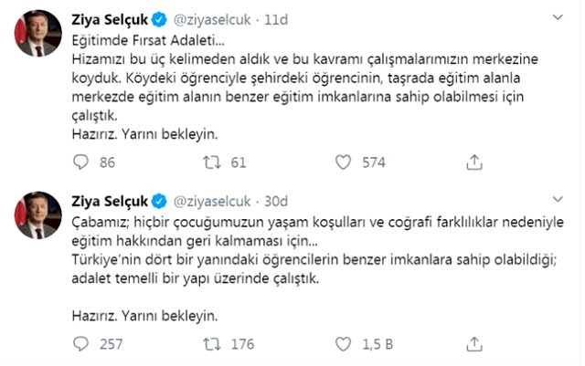 Milli Eğitim Bakanı Ziya Selçuk, Twitter hesabından yaptığı paylaşımda, "Türkiye'nin dört bir yanındaki öğrencilerin benzer imkanlara sahip olabildiği; adalet temelli bir yapı üzerinde çalıştık. Hazırız, yarını bekleyin" ifadelerini kullandı. | Sungurlu Haberleri