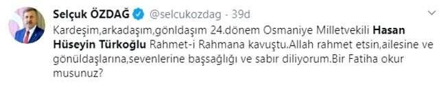 24. Dönem Osmaniye Milletvekili Hasan Hüseyin Türkoğlu hayatını kaybetti