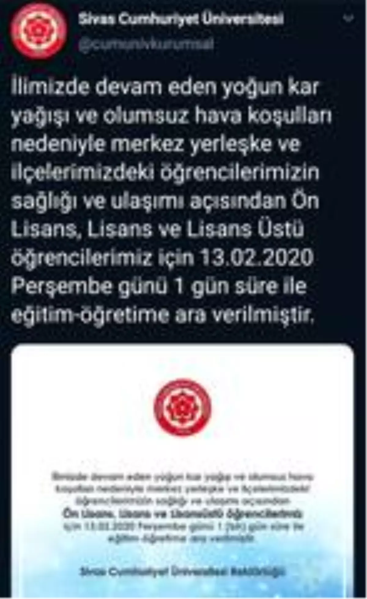 Sivas'ta yükseköğretime 1 gün ara