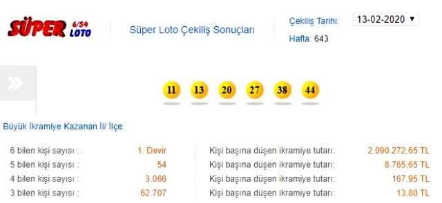 Süper Loto sonuçları 13 Şubat 2020 - MPİ Süper Loto 643.hafta