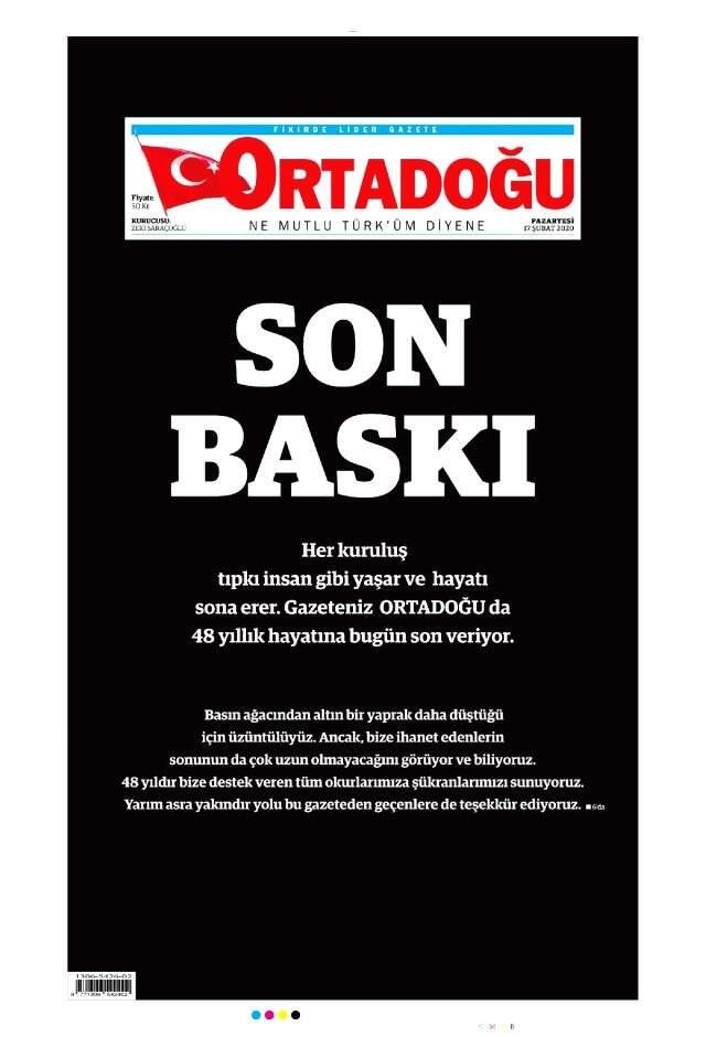 Ortadoğu gazetesi yayın hayatına son verdi.