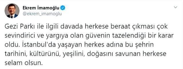 İBB Başkanı İmamoğlu'ndan Gezi Parkı davasıyla ilgili ilk yorum: İstanbul'un doğasını savunanlara selam olsun