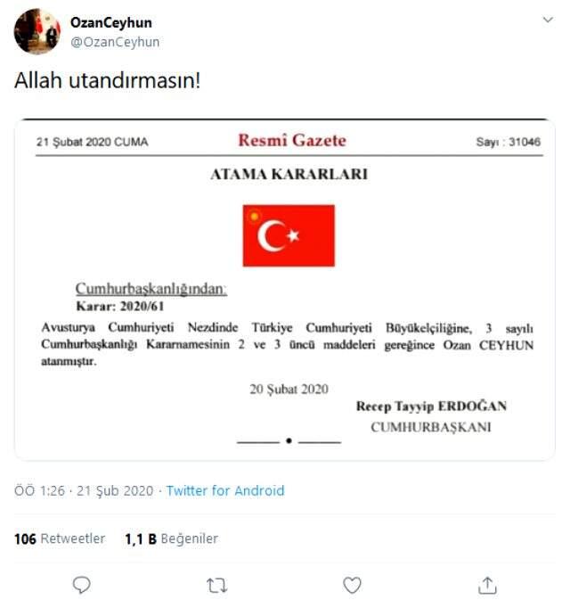 Avusturya Büyükelçiliği'ne atanan Ozan Ceyhun ülkücü camianın tepkisini çekti