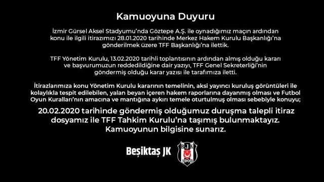Beşiktaş, Göztepe maçını Tahkim Kurulu'na taşıdı