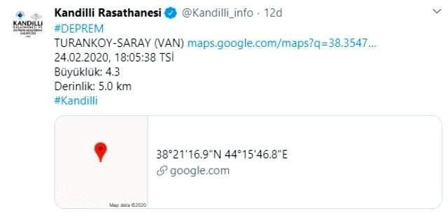 Van'da 4.3 büyüklüğünde deprem meydana geldi