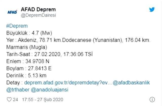 Marmaris ve Muğla açıkları 4.7'lik depremle sallandı