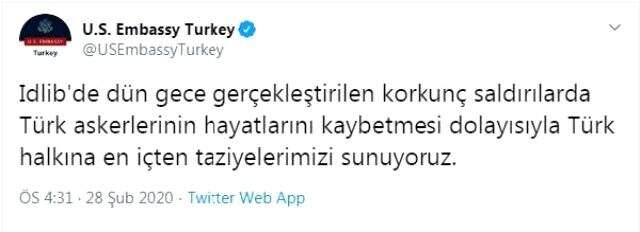 ABD'nin Ankara Büyükelçiliği'nden, İdlib'deki saldırı nedeniyle taziye mesajı