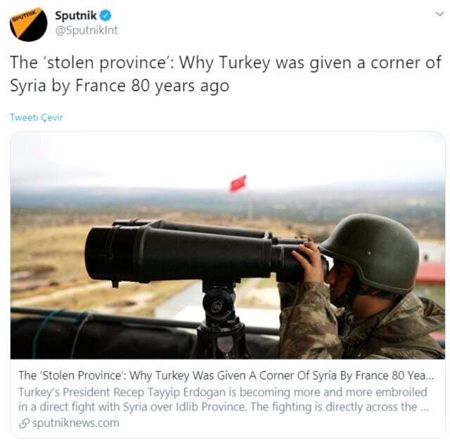Rus haber ajansı Sputnik International, Hatay için 'çalıntı bölge' ifadesini kullandı