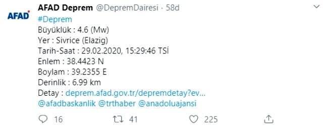 Son dakika: Elazığ'da 4.6 büyüklüğünde bir deprem meydana geldi