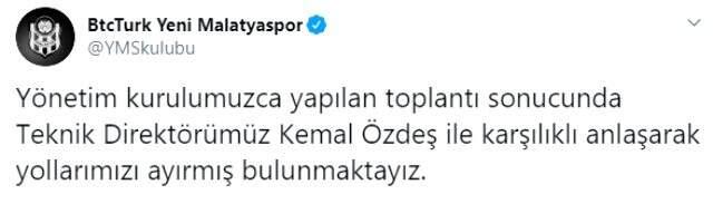 Yeni Malatyaspor'da Kemal Özdeş dönemi sona erdi