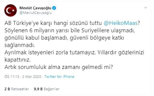 Göçmen krizi büyüyor! Çavuşoğlu, sosyal medyada Alman mevkidaşıyla restleşti.