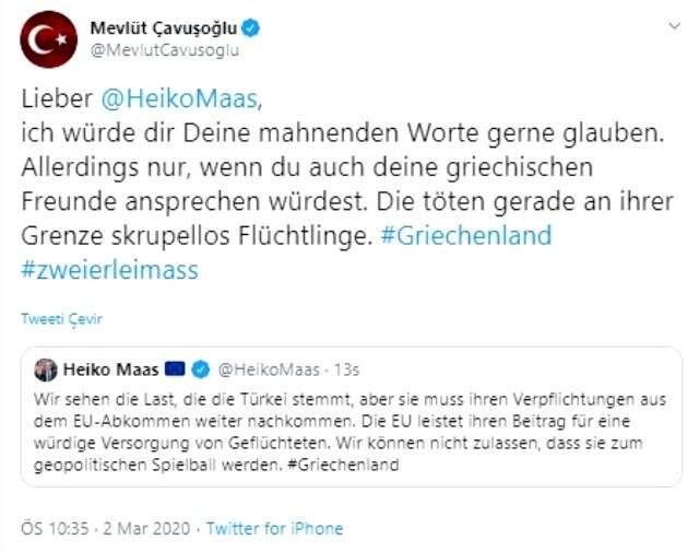 Göçmen krizi büyüyor! Çavuşoğlu, sosyal medyada Alman mevkidaşıyla restleşti.
