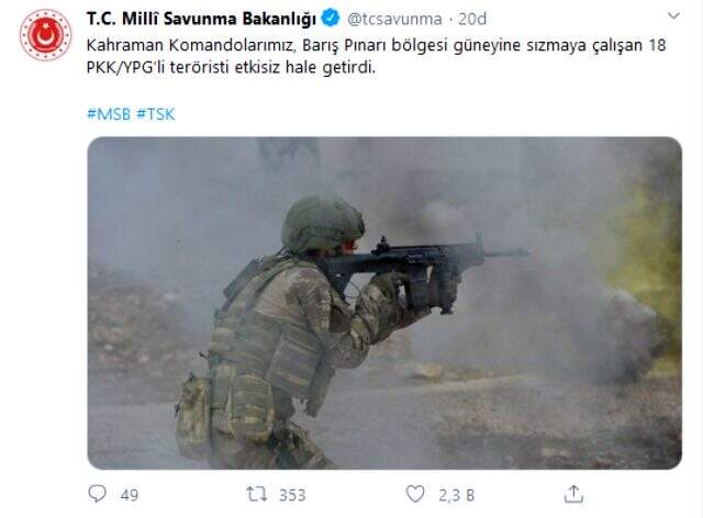 Barış Pınarı bölgesine sızmaya çalışan 18 terörist öldürüldü