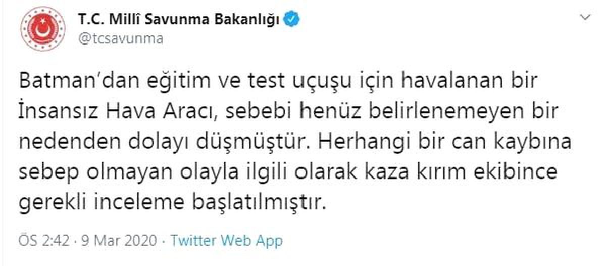 MSB: Batman'dan havalanan İHA düştü