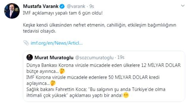 Mustafa Varank'tan Sözcü yazarının koronavirüs paylaşımına tepki: Keşke kendi ülkenden nefret etmenin tedavisi olsaydı