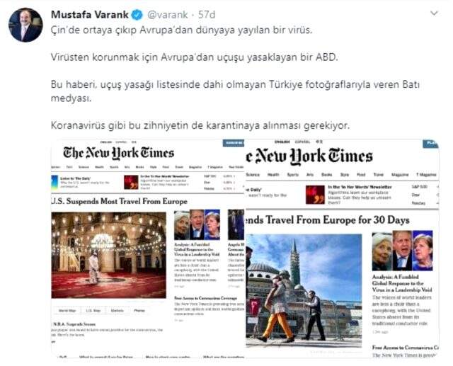 Bakan Varank'tan ABD'nin koronavirüs kararını Türkiye fotoğrafıyla servis eden gazeteye sert tepki