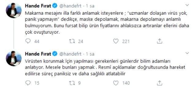 Hande Fırat'ın koronavirüsten yüzlerce kişinin öldüğü İtalya hakkında attığı tweet tepki çekti