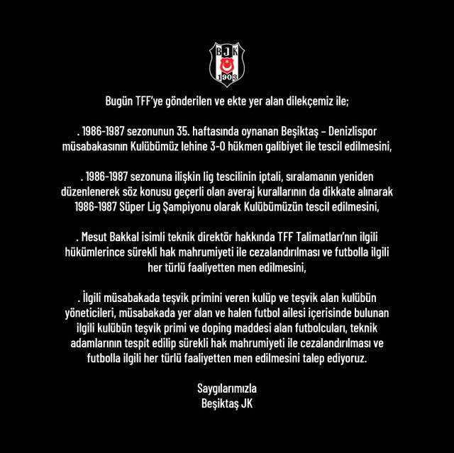 Son Dakika: Beşiktaş, 1986-1987 sezonunun şampiyonluğu için TFF'ye başvuruda bulundu