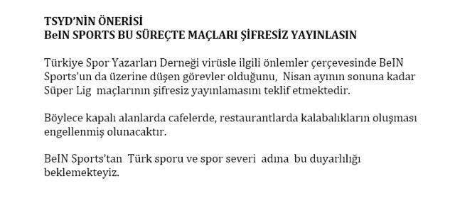 TSYD, beIN Sports'tan maçların şifresiz yayınlanmasını talep etti