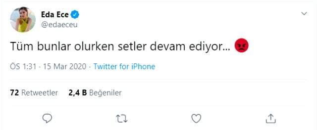 Yasak Elma'nın yıldızı Eda Ece'den dizi setlerine koronavirüs tepkisi!
