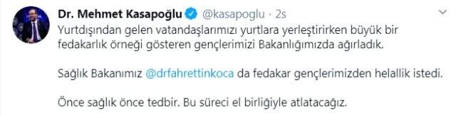 Sağlık Bakanı Koca, koronavirüs karantinası için yurtlarını boşaltan öğrencilerden helallik istedi
