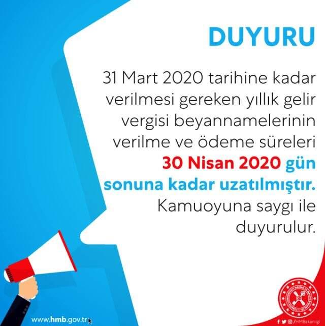 Son Dakika: Gelir vergisi beyannamelerinin verilme ve ödeme süresi 30 Nisan'a kadar uzatıldı