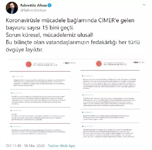 Koronavirüsle mücadele kapsamında CİMER'e 15 bin başvuru Koronavirüsle mücadele kapsamında CİMER'e 15 bin başvuru