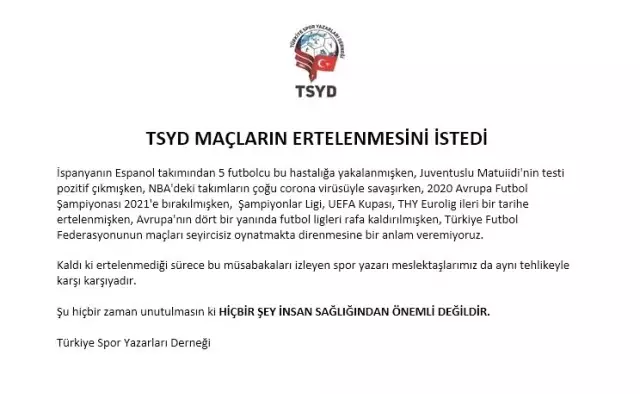 TSYD'den federasyona 'erteleme' çağrısı!