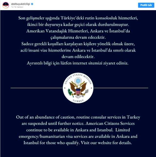 ABD, koronavirüs nedeniyle Türkiye'deki konsolosluk işlemlerini durdurdu