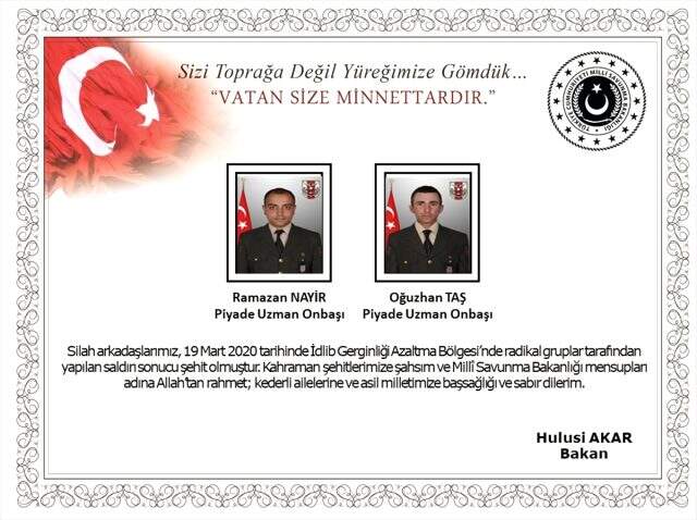İdlib'de roketli saldırı sonucu 2 askerimiz şehit oldu, 1 askerimiz yaralandı